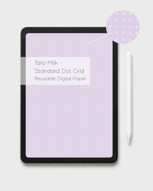 A tablet displaying a reusable digital dot grid paper with standard white dots. The graphic across the tablet reads 'Taro Milk Standard Dot Grid Reusable Digital Paper,'. Shown with a white stylus to the right and on a light gray background. There is also a circle with a zoom in of the dot grid paper so that you can see the depth of the white dots. 