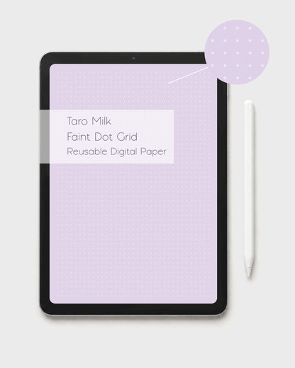 A tablet displaying a reusable white digital dot grid paper design in a pale, soft kawaii taro labeled 'Taro Milk Faint Dot Grid Reusable Digital Paper,' shown with a white stylus on a light gray background and there is a circular inset of the white dot depth.