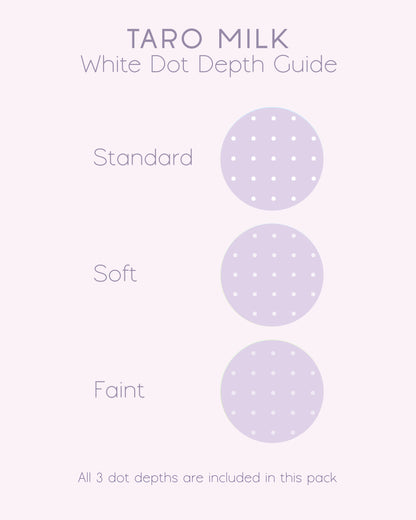 A product information graphic titled 'TARO MILK White Dot Depth Guide' on a pale pink background, showing three circular dot depth examples labeled Standard, Soft, and Faint. It also states 'All 3 dot depths are included in this pack'.
