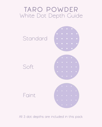 A product information graphic titled 'TARO POWDER White Dot Depth Guide' on a pale pink background, showing three labeled dot depth options: Standard, Soft, and Faint, each represented by a circle containing a deeper shade of kawaii purple and each white dot depth.
