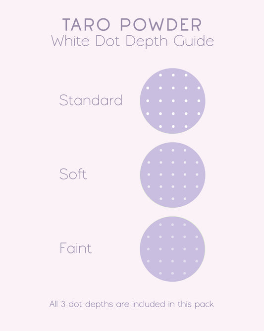 A product information graphic titled 'TARO POWDER White Dot Depth Guide' on a pale pink background, showing three labeled dot depth options: Standard, Soft, and Faint, each represented by a circle containing a deeper shade of kawaii purple and each white dot depth.