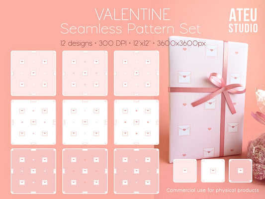 Valentine Seamless Pattern Set – Cute Kawaii Envelope Design for Wrapping & Stationery