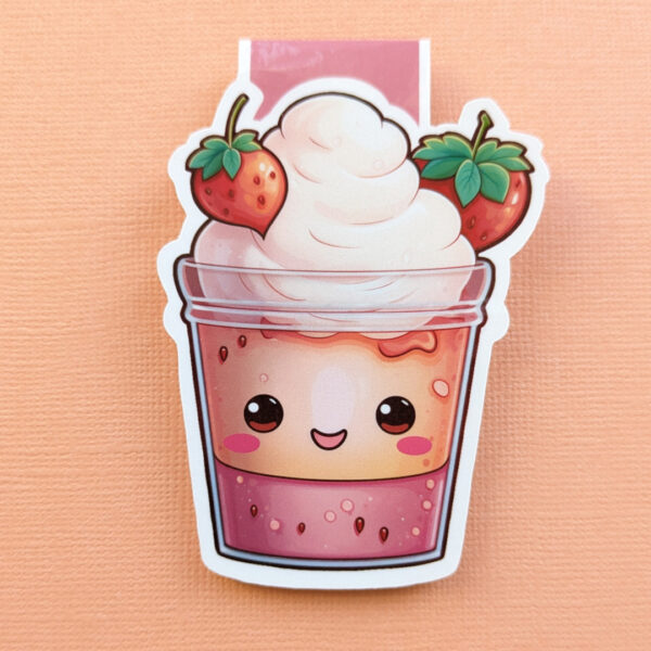 Strawberry Kawaii Cup Magnetic Bookmark with a clear gloss laminate