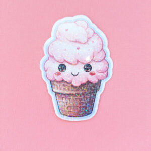 Strawberry heart sprinkles cone 3" holographic diecut vinyl sticker