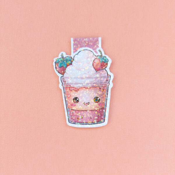 Strawberry Kawaii Cup Magnetic Bookmark with a holographic laminate