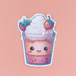 2" Strawberry Kawaii Cup with a holographic laminate