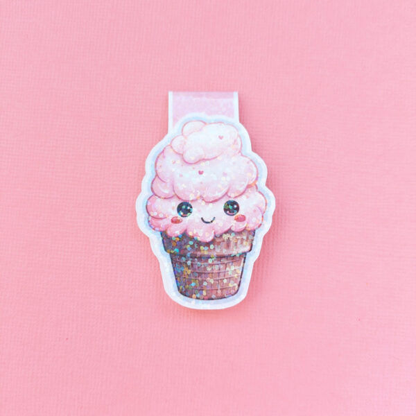 Strawberry heart sprinkles cone magnetic bookmark with a holographic gloss lami