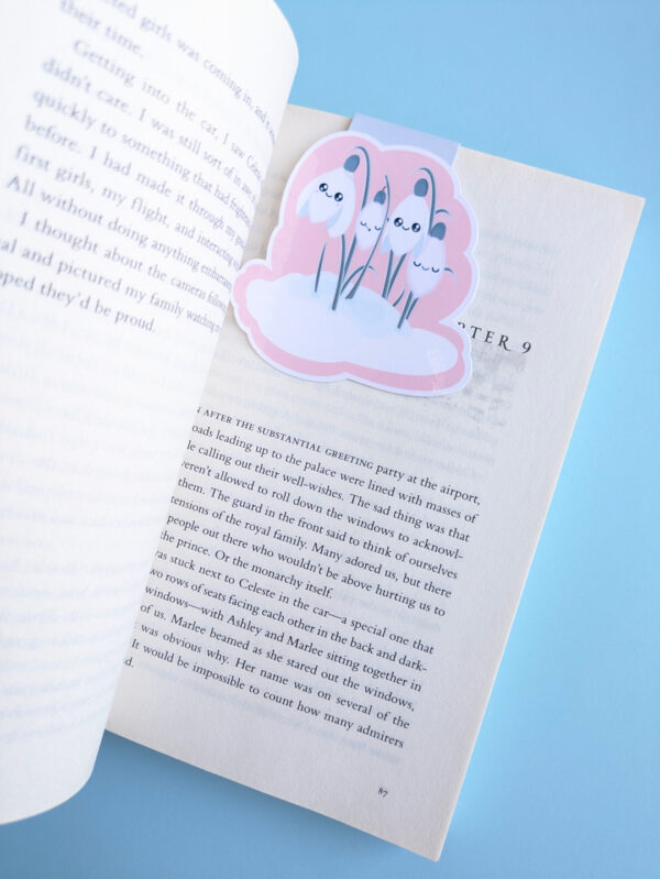 Snowdrops 3 inch pink chonky magnetic bookmark with pink background